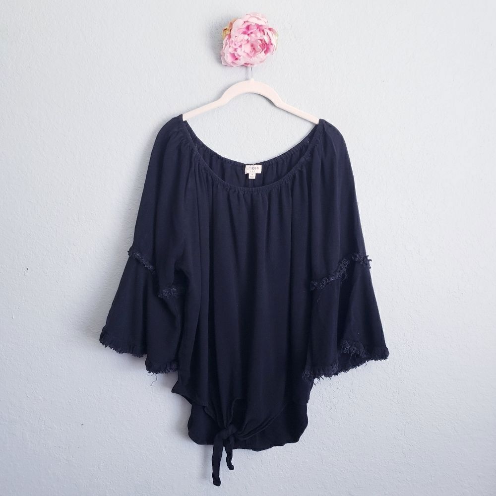 Umgee Black Off Shoulder Raw Hem Bell Sleeve Top - Picture 1 of 7